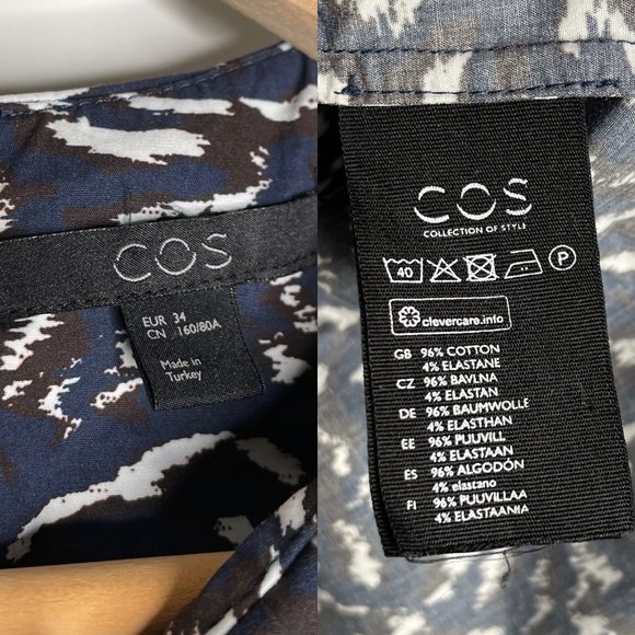 SOLD COS Blue Maroon Print Top Blouse Size 34 6 Cotton Frill Ruffle Long Sleeve - Picture 9 of 9